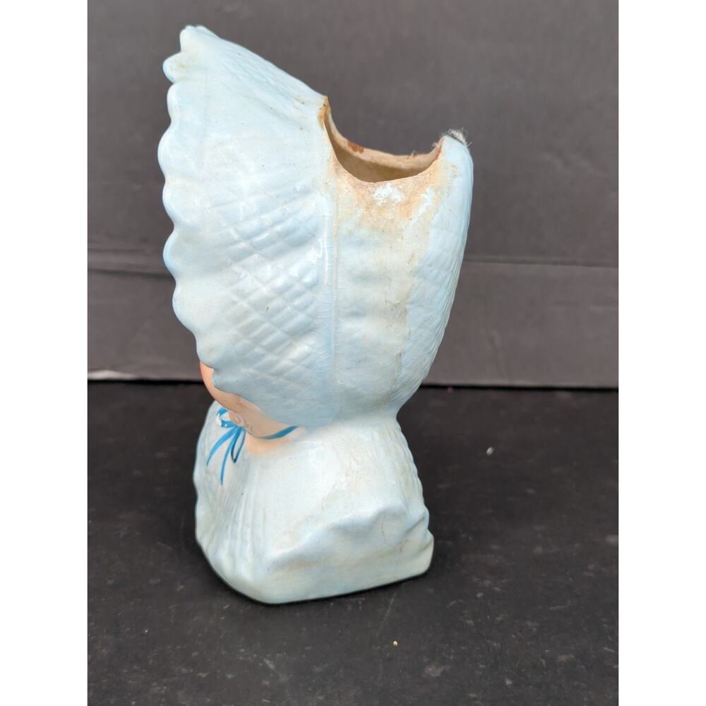 Vintage Ceramic Baby Head Vase Blue Bonnet Planter Figurine Mid Century - Picture 2 of 8